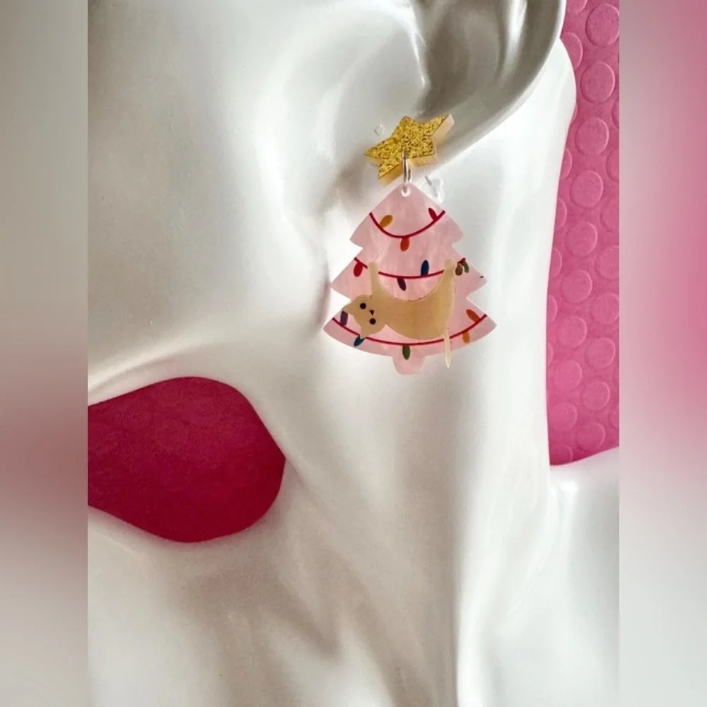 New Pink Christmas Tree w/ White Cat Pearlescent & Glitter Acrylic Earrings - 2” - Picture 3 of 6